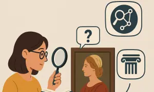 Une femme examine un portrait avec une loupe, explorant l'iconographie. Des bulles de pensée montrent un point d'interrogation, une colonne et un réseau.