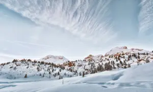 Paysage de montagne enneigé, avec des sapins clairsemés sur les pentes. Le ciel est bleu pâle avec des nuages filandreux. Une belle neige photo.