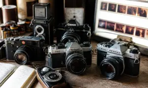 Collection de vieux appareils photo argentiques, films et un livre ouvert, évoquant l'art de la photographie argentique.