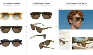 Photographie de produits : lunettes de soleil stylées présentées sous différents angles, sur fond blanc et en situation.