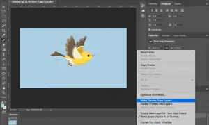 Comment faire un GIF avec Photoshop : l'option "Make Frames From Layers" est sélectionnée pour créer une animation à partir de calques.