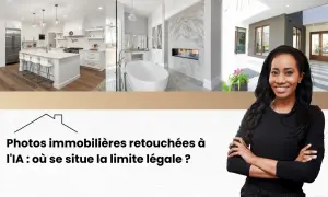 Collage de photos immobilières retouchées par IA : cuisine moderne, salle de bain luxueuse, extérieur. Une femme souriante est au premier plan.