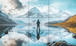 Un homme contemplant un paysage de montagne enneigée et un lac reflétant le ciel. Une composition photographique parfaite.