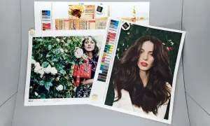Épreuve contractuelle : deux portraits de femmes, l'un avec un sac rouge Dior, l'autre avec une chevelure brune. Une palette de couleurs est visible.