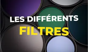 Gros plan sur plusieurs filtres photo de différentes couleurs (violet, vert, bleu, gris) disposés en cercle.