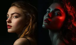 Portrait partagé : à gauche, une jeune femme au naturel, à droite, son visage baigné d'un **calque rouge Photoshop** dramatique.
