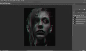 Portrait d'une femme avec un effet glitch Photoshop, créant une distorsion visuelle rouge et verte.