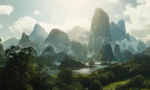 Paysage onirique de montagnes escarpées, cascades et rivières scintillantes, dans le style de Dylan Cole.