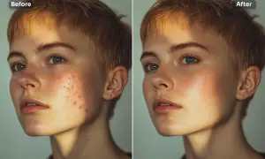 Avant/après : retouche photo professionnel pour un teint parfait. La peau est lissée, les imperfections effacées, la lumière sublimée.