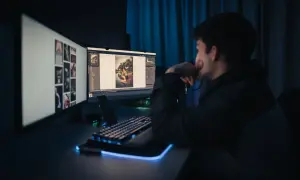Un jeune homme réfléchit devant son **ordinateur retouche photo**, éclairé par la lueur des écrans.