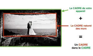 Un couple marié se tient dans un cadre naturel, créant un cadre dans le cadre.