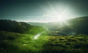 Rayons solaires éclatants traversant une vallée verdoyante. Un effet de flare photo sublime ce paysage de collines et de forêts.