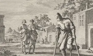 Gravure ancienne : un homme blessé sur béquilles, un autre lui parle. Une scène de cette photo histoire.