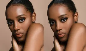 Portrait d'une femme à la peau foncée, avant et après la technique de fréquence séparation Photoshop pour un teint lisse et éclatant.