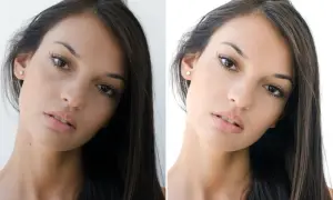 Avant/après : un visage sublimé par un filtre Photoshop gratuit.
