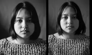 Comparaison photo argentique vs numérique : deux portraits en noir et blanc d'une jeune femme, l'un avec un grain subtil, l'autre plus net.