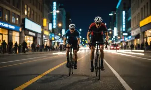 Deux cyclistes en tenue de course filent sur une avenue illuminée la nuit. Cette **photo en mouvement** capture l'énergie de la ville et la vitesse des athlètes.