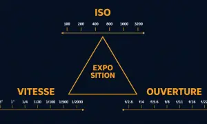 Schéma du triangle d'exposition : ISO, Vitesse, Ouverture. Comprendre ces réglages est essentiel pour une photo réussie.
