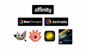 Logos de logiciels de retouche photo : Affinity, RawTherapee, Darktable, GIMP, et OM Workspace. Des outils pour explorer le monde du logiciel photo RAW gratuit.