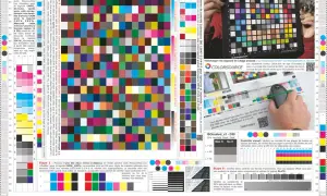 Mire de contrôle couleurs avec des carrés multicolores, des échelles de gris et des informations techniques sur le calage des presses CMJN.