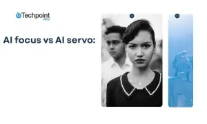 Comparaison entre AI focus et AI servo : un portrait noir et blanc d'une jeune femme et d'un homme, à côté d'une sculpture bleue abstraite.