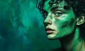 Portrait saisissant d'une femme au visage peint en vert, évoquant l'art d'une photographe femme connue.