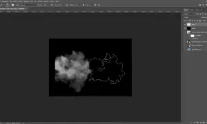 Un aperçu de Photoshop montrant un effet fumée réaliste, avec des calques visibles.