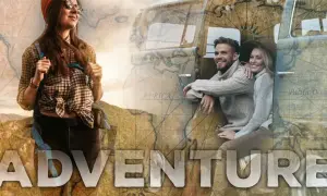 Montage photo Adobe : une jeune femme sac au dos et un couple souriant près d'un van, superposés à une carte du monde ancienne. L'aventure commence !