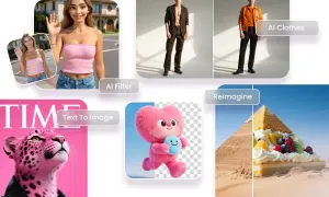Un logiciel retouche photo automatique transforme des images : une jeune femme avec un filtre IA, un homme changeant de tenue, une création à partir de texte, et une pyramide revisitée en dessert.