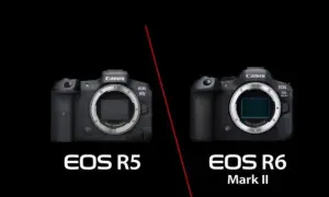 Comparaison des appareils photo Canon EOS R5 et R6 Mark II, côte à côte sur fond noir.