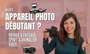 Une femme souriante tient un appareil photo, avec d'autres appareils photo et du texte sur le choix d'un appareil photo pour débutants.