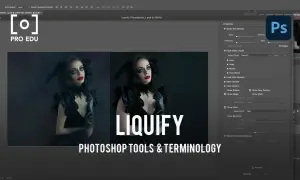 Interface Photoshop avec l'outil Fluidité activé, montrant des options pour retoucher un visage.