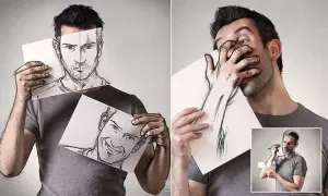 Sébastien Del Grosso joue avec son art, cachant son visage derrière des croquis de lui-même, une main dessinée sortant du papier.