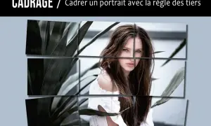 Portrait d'une jeune femme aux yeux verts, cadré selon la règle des tiers. Des feuilles sombres encadrent la composition.
