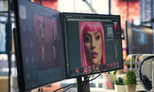 Post-production définition : un écran affiche un portrait de femme avec une perruque rose, en cours d'édition.