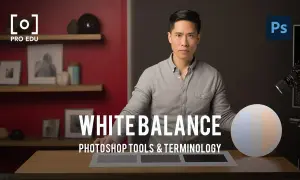 Un homme explique le balance des blancs dans Photoshop, avec une sphère de couleur et des grisards sur la table.