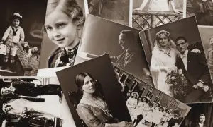 Un assemblage de photos historiques : un enfant en marin, un portrait de jeune fille, un couple marié, une femme assise, et d'autres scènes de vie.