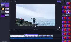Interface d'un logiciel montage photo gratuit, avec une vidéo en cours de lecture et des options de filtres et d'ajustement des couleurs.