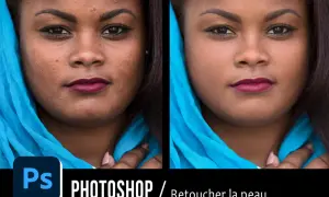 Avant/après : retouche de peau sur Photoshop pour un teint plus lisse.