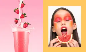 Photographie publicitaire : fraises tombant dans un verre rose, et une jeune fille au maquillage audacieux mangeant un pamplemousse.