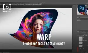 Comment déformer une image sur Photoshop : un portrait stylisé avec des éclaboussures de couleurs vives, entouré d'un contour déformé par l'outil Warp.