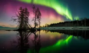 Magnifique aurore boréale rose et verte au-dessus d'un lac reflétant le ciel. Un guide pour savoir comment photographier les aurores boréales.