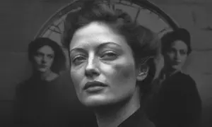 Portrait d'une photographe femme, son regard intense captivant, tandis que deux silhouettes féminines floues se tiennent derrière elle, évoquant un passé ou une inspiration.