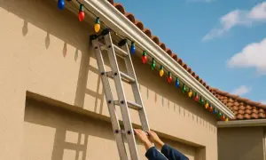 Une échelle est appuyée contre un mur beige, des mains s'agrippent aux barreaux. Des guirlandes lumineuses colorées ornent la gouttière, prêtes pour la fête. Une photo règle pour l'installation.