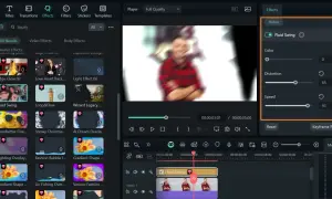 Interface de montage vidéo avec l'effet "Fluid Swing" activé, créant un effet photocopie Photoshop sur un portrait flou.