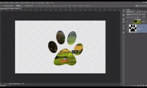 Un paysage est visible à travers les empreintes d'une patte, créant un effet de masque d'écretage Photoshop.
