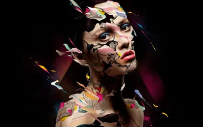 Visage fragmenté, éclats de couleurs vives et textures complexes, dans le style d'Alberto Seveso.