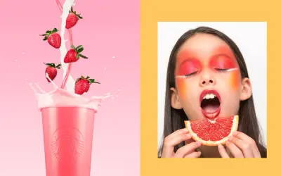 Photographie publicitaire : fraises tombant dans un verre rose, et une jeune fille au maquillage audacieux mangeant un pamplemousse.