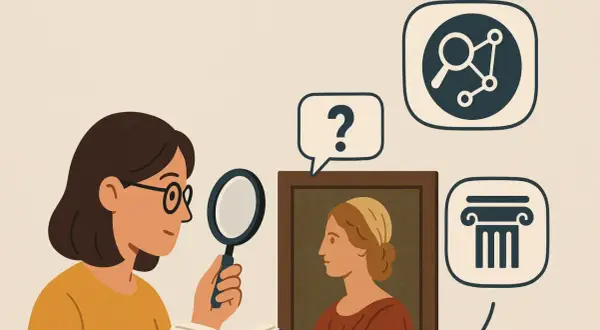 Une femme examine un portrait avec une loupe, explorant l'iconographie. Des bulles de pensée montrent un point d'interrogation, une colonne et un réseau.
