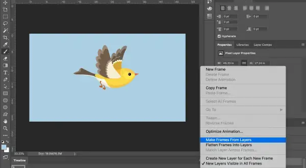 Comment faire un GIF avec Photoshop : l'option "Make Frames From Layers" est sélectionnée pour créer une animation à partir de calques.